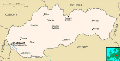 Mapa Słowacji z najważniejszymi miastami.