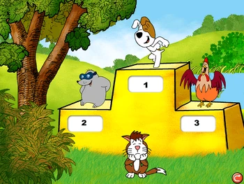 Oto podium widoczne po końcu kilku gier, np. gier z zamkami. Jak widać głównymi postaciami, którymi kontrolujemy w wielu zabawach to Reksio, Kretes, kura i kot.