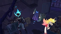 Panty, Stocking, and Impact Cop looking for the black figure.