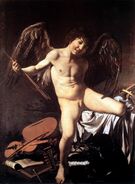 Amor Victorious. 1602–03 Caravaggio shows Eros prevailing over other human endeavors: war, music, science, government.