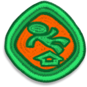 A sewn-looking patch of a green silhouette of a person floating with a green arrow beneath them and pointing up. It has an orange background and a green border.