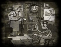 Sasha working at a cobbler shop with his dad.