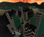 Raz fighting the airplanes on top of the city skyscrapers.