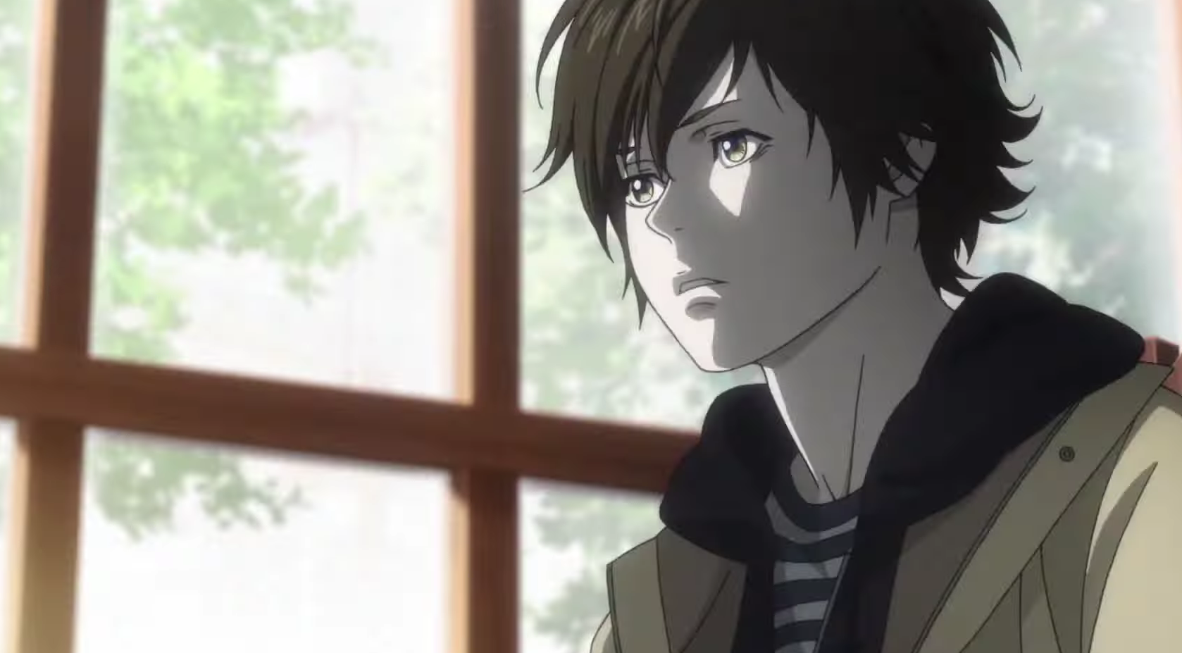 Psycho anime boy with black messy hair and brown eye