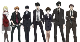 Division 01's major players in Season 1 (L→R): Shion Karanomori, Shusei Kagari, Yayoi Kunizuka, Shinya Kogami, Akane Tsunemori, Nobuchika Ginoza and Tomomi Masaoka.