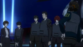Division 01's major players in the gekijouban (L→R): Akane Tsunemori, Yayoi Kunizuka, Nobuchika Ginoza, Teppei Sugo, Sho Hinakawa, and Mika Shimotsuki.
