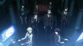 Division 01's major players in Season 3 (L→R): (front row) Shion Karanomori, Sho Hinakawa; (mid row) Yayoi Kunizuka (as an investigative reporter), Arata Shindo, Kei Mikhail Ignatov, Mao Kisaragi; (back row) Tenma Todoroki, Kazumichi Irie