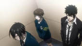 Ginoza, Tsunemori and Kogami in the elevator.