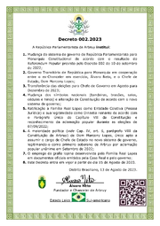 Decreto 002.2023 sobre alteração de República para Monarquia, Governo Transitório, Transferência das eleições para Chefe de Governo, mudança de símbolos nacionais, legitimação da dinastia, chefe de estado e grafia lopina. Entra em vigor dia 15 de agosto de 2023.