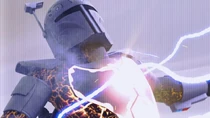 O[Gerador de Pulso Arc atinge a armadura de beskar de um soldado do Clã Wren
