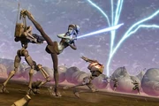 Aayla Secura defendendo a aldeia Lurmen contra os droides de batalha.