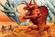 Um dragão krayt gigante lutando contra um .