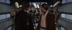 Anakin e Obi-Wan cercado de droides