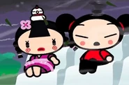 An early version of a scene, with a tornado on Pucca's forehead