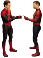 Tobey and Tom pointing at each other