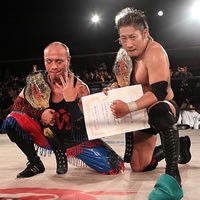 Genki Horiguchi and Ryo Saito as a 2 times Open The Twin Gate Champions during their Blood WARRIORS reign