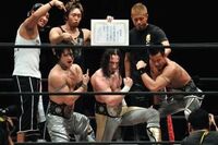 BxB Hulk, PAC and Masato Yoshino as Open The Triangle Gate Champions during thier WORLD-1 reign