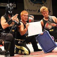 Mochizuki as the Open The Triangle Gate Champions with Jimmy Susumu and K-ness.