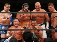 Mochizuki with CIMA, Don Fujii, Masaaki Mochizuki, Jinsei Shinzaki, The Great Sasuke and TAKA Michinoku after their match