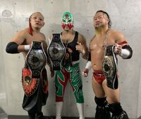 Takashi Yoshida, Kazma Sakamoto and Diamante as Open The Triangle Gate Champions