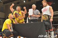 Contract signing between champion BxB Hulk and challengers Naruki Doi, Cyber Kong, Kzy and Mondai Ryu