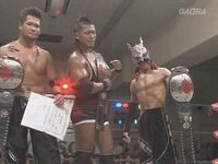 Takagi, Kid and Iwasa as Open The Triangle Gate Champions