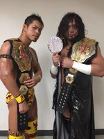 Naruki Doi and YAMATO as a 2 times Open The Twin Gate Champions during their 2nd MAD BLANKEY reign