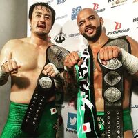 Ricochet with Ryusuke Taguchi as the IWGP Junior Tag Team Champions