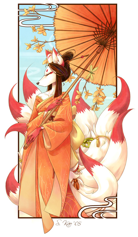 Nine tailed fox kitsune spirit in a form of human kimono girl