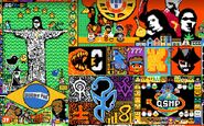 The Redeemer flag with decorations, Cellbits logo, WallShark, Roier Angry Bird, Karmaland logo, and art for symbols from Cellbit's game "Enigma do Medo".