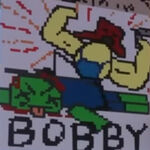 A painting of Bobby stomping on a dead zombie with a gun on his hand and flexing his muscles while his name is written below the corpse