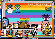 A Technoblade memorial and Philza hardcore heart mug in r/placepride's flag area.