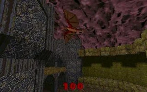 QUAKE11.JPG. This is early version of E2M4: The Ebon Fortress. The dragon has been cut from original game and remade its appearance as boss in Dissolution of Eternity.