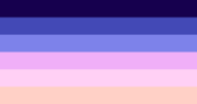 A flag with six stripes: dark purple, medium purple, light purple, pink, light pink, and light peach
