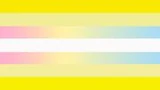 A flag with 7 stripes, from top to bottom: a medium yellow, light yellow, pink to yellow to blue gradient, white, pink to yellow to blue gradient, light yellow and medium yellow