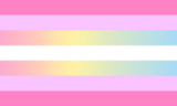 A flag with 7 stripes, from top to bottom: a medium pink, light pink, pink to yellow to blue gradient, white, pink to yellow to blue gradient, light pink and medium pink