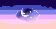 A flag with six stripes: dark purple, medium purple, light purple, pink, light pink, and light peach. The top indigo row has cloud shapes that extend into the stripe below. The bottom peach row has cloud shapes that extend into the stripe above. In the centre is another cloud shape, outlined in white with a crescent moon with eyes and a smile and two stars.