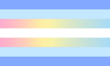 A flag with 7 stripes, from top to bottom: a medium blue, light blue, pink to yellow to blue gradient, white, pink to yellow to blue gradient, light blue and medium blue