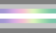 A flag with 7 stripes: dark grey, light grey, purple to pink to yellow to green gradient, white, the same gradient, light grey, dark grey