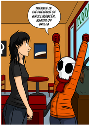 Sam's first appearance as Skullmaster, Master of Skulls, addressing Dora at Coffee of Doom