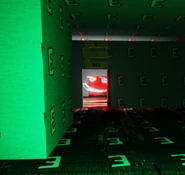 YOU ENTERED MY DOMAIN11!!!!!! GET OUT!!!!11! / A-400 seen chasing the player, while in front of SCARY-150 checking lockers in the current room.