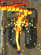 Miclus burning up one of the bosses from Raiden Fighters 2: Operation Hell Dive using its flamethrower bomb.