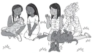 Rachel, Kirsty, Gracie and Khadijah petting Fergus and Dolly.