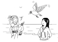 Screech in Rachel's arm with Beaky overhead.