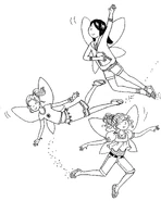 Rachel, Kirsty and Nicole try to make the goblin dizzy.