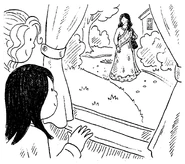 "A lady in a glittering sari was walking up the path"