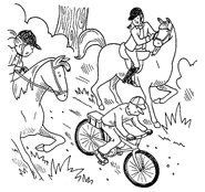 The horses and their riders leap out of the way.