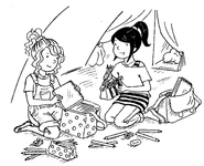 Rachel and Kirsty gathering drawing supplies.