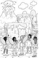 Rachel, Kirsty, Gracie, Khadijah and Zelda looking at the Pillar in "Slime Jump".