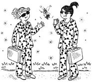 Rachel and Kirsty disguised as sunglasses sellers.